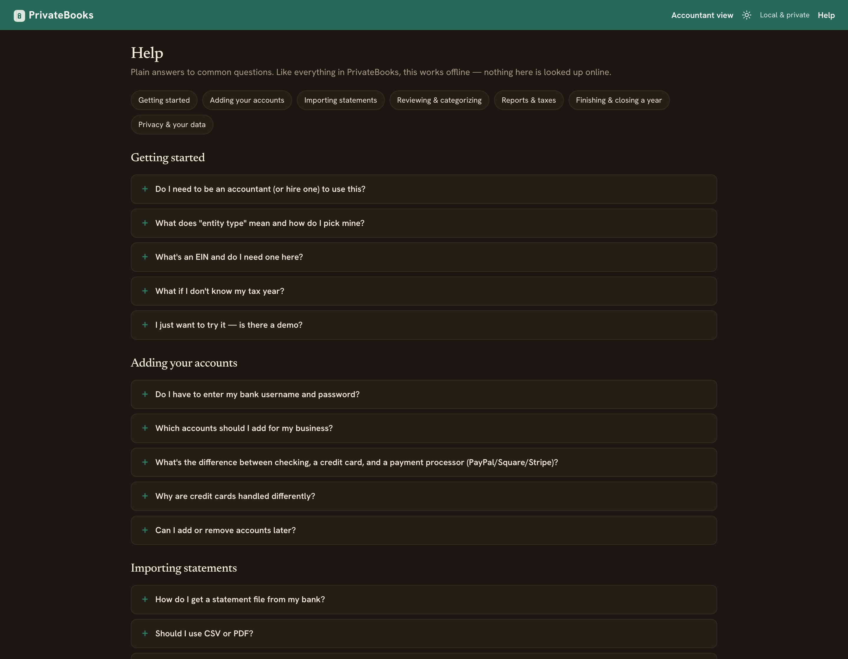 The in-app help and FAQ page