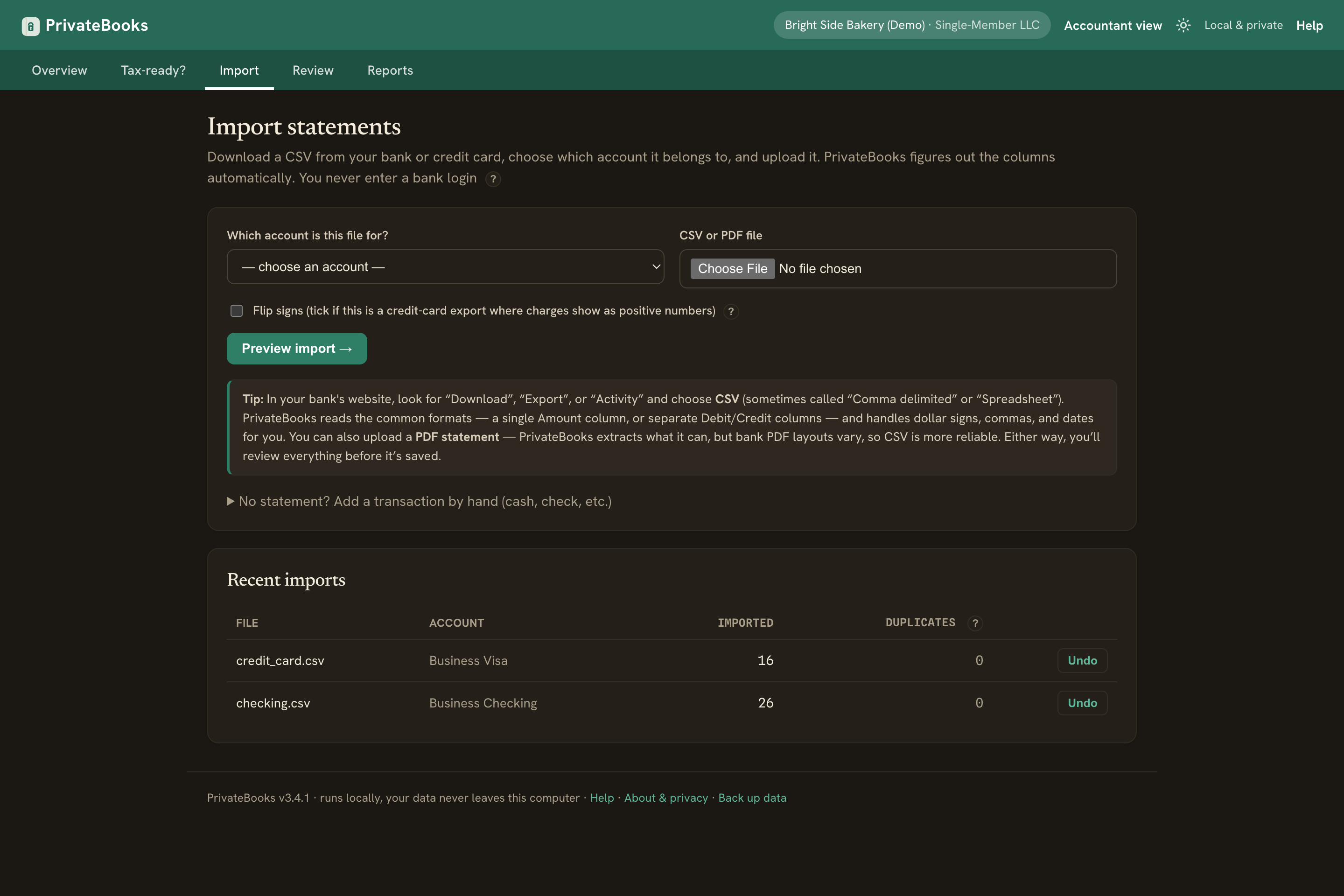 Import screen for uploading a bank statement file