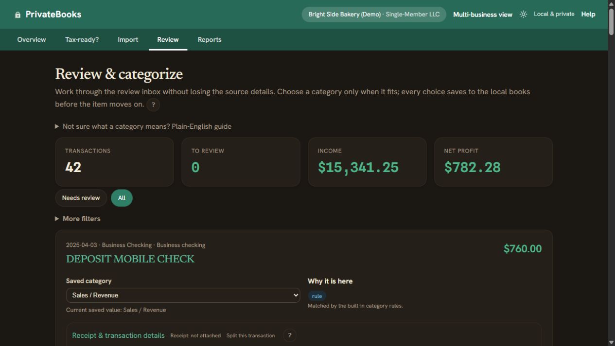 Review screen with visible status, categories, and owner controls