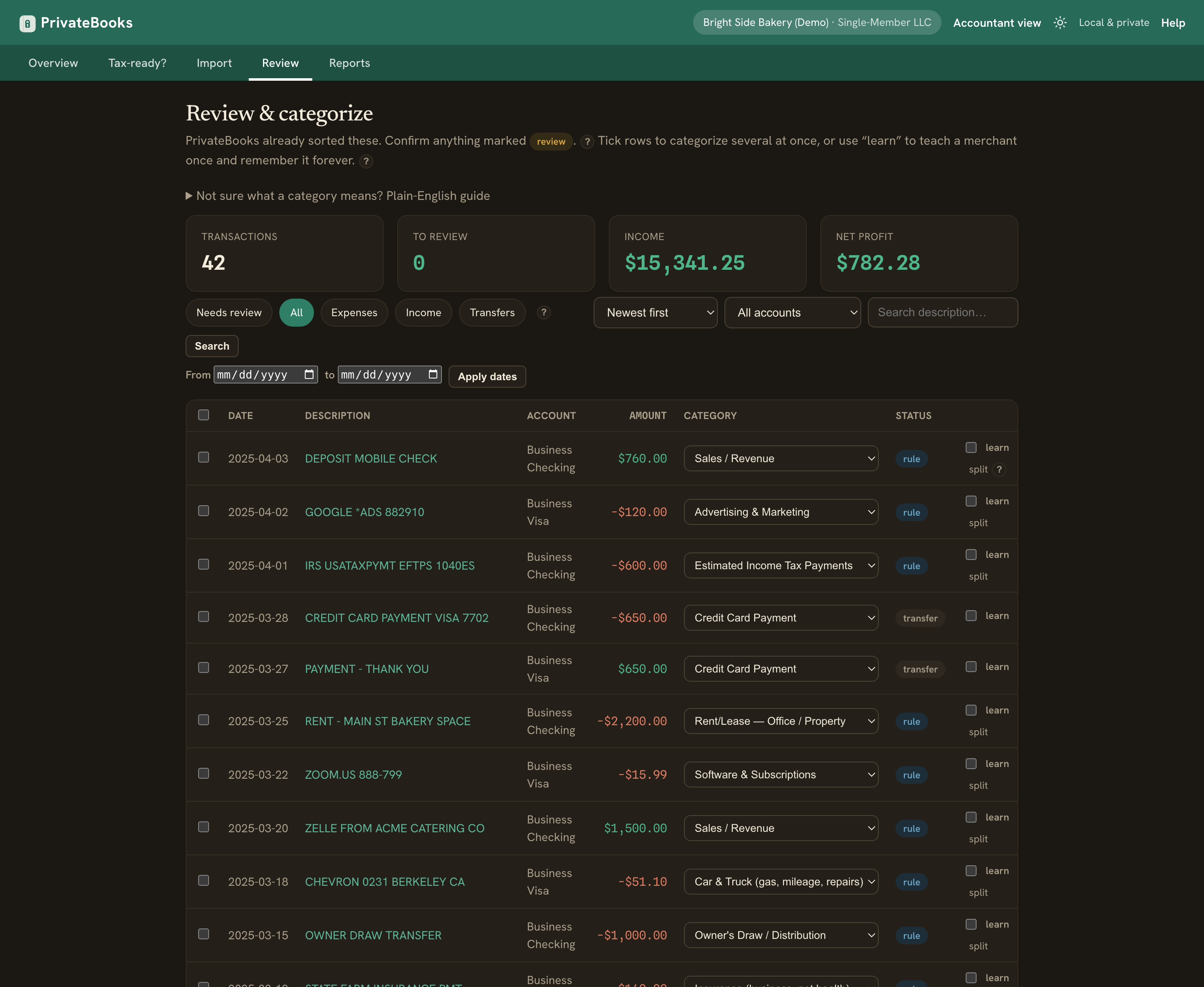 Review screen showing transactions sorted into categories