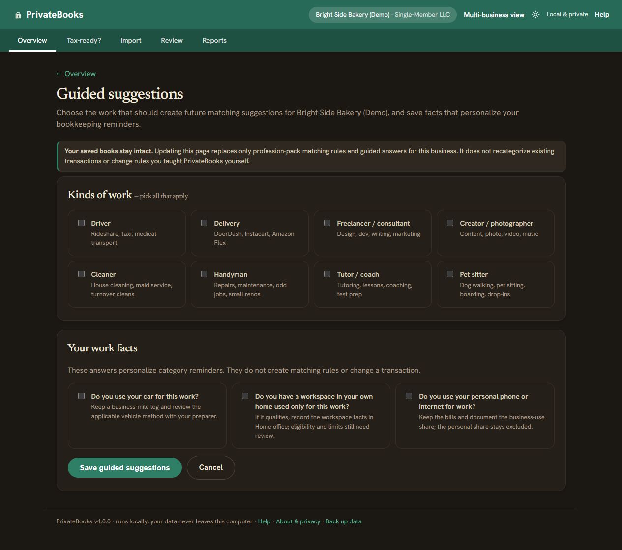 Guided setup for choosing the owner's work and reviewing common bookkeeping suggestions